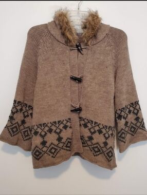 Buffalo David Bitton Okemo Brown Black Chunky WoolKnit Toggle Sweater Furry Hood